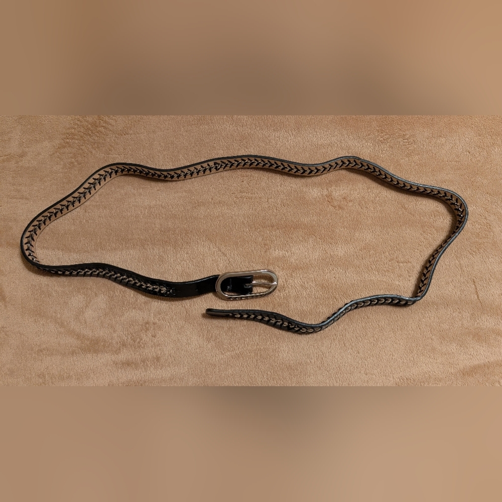 Nine West® Black Leather & Silver Tone Braided Chain Belt